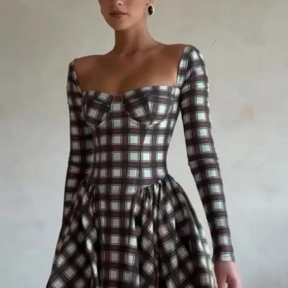 Elegant Plaid A-line Dress for Women Square Neck Backless Long Sleeves Slim Dres - Picture 14 of 15